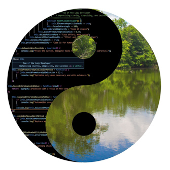 Tao of the Lazy Developer book cover, a yin-yang symbol blending code and nature imagery, with V1.0 label